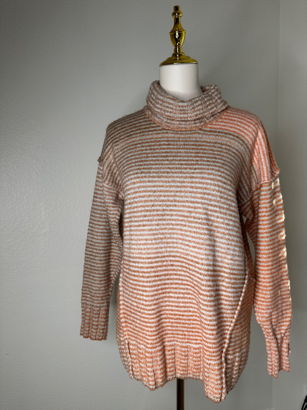 Cabi Striped Turtleneck Sweater in Peach and Cream